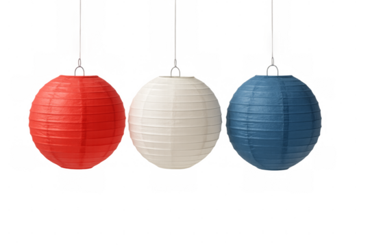 Red white and blue paper lanterns hanging with transparent background