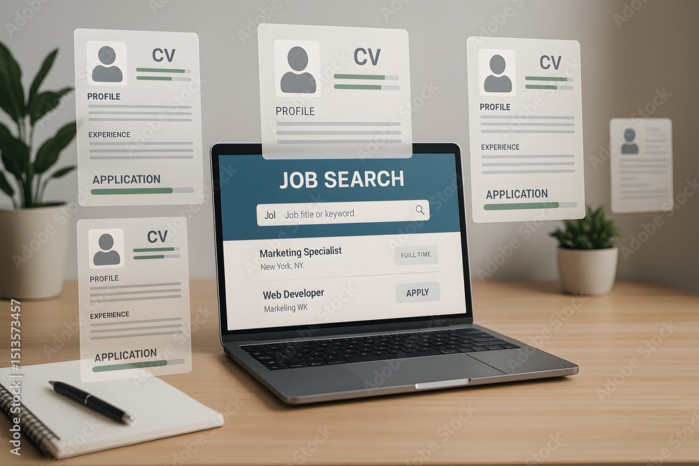 Poster laptop displays job search interface with several cvs hovering around
