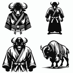 Bison wear yudo suits. Japan Martial Arts Judo Aikido Dojo Budo Clipart Line Art Vector Illustration. Gigantic bovines adorn attire garb for colossal fauna.