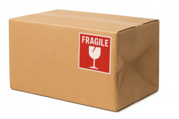 Cardboard box with fragile sticker on transparent background