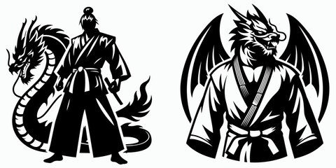 Dragon wear yudo suits. Japan Martial Arts Judo Aikido Dojo Budo Clipart Line Art Vector Illustration. Mythical creature garment uniform for oriental combat practice.
