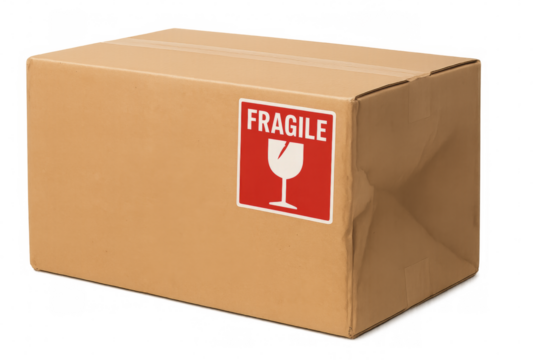 Cardboard box with fragile sticker on transparent background