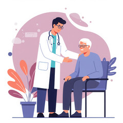 Obraz premium Doctor comforting elderly patient in modern clinic with plants 