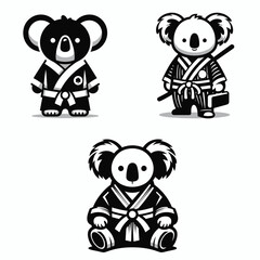 Koala wear yudo suits. Japan Martial Arts Judo Aikido Dojo Budo Clipart Line Art Vector Illustration. Australian bear attire in garment apparel for practice combat sport.