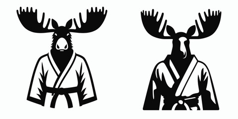 Moose wear yudo suits. Japan Martial Arts Judo Aikido Dojo Budo Clipart Line Art Vector Illustration. Elk don attire karate clothing woodland mammal form raiment.