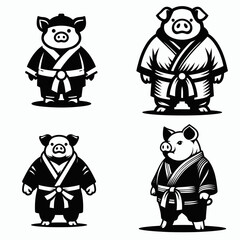 Pig wear yudo suits. Japan Martial Arts Judo Aikido Dojo Budo Clipart Line Art Vector Illustration. Swine attire formal garment for domestic creature novel animal apparel.