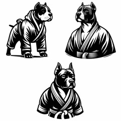 Pittbulls Dog wear yudo suits. Japan Martial Arts Judo Aikido Dojo Budo Clipart Line Art Vector Illustration. Canine garment for bull breeds pet combat sport uniform attire.