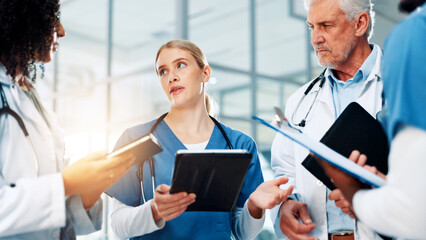 Medical, tablet or question with doctors and nurses in hospital together for discussion or report....