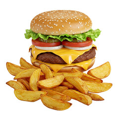 Fast Food Flat Lay: Burger with Fries Isolated on Transparent Background