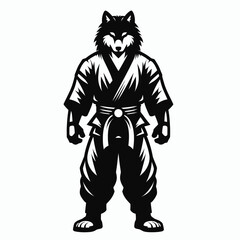 Wolf wear yudo suits. Japan Martial Arts Judo Aikido Dojo Budo Clipart Line Art Vector Illustration. Canine attire jujutsu uniform premium apparel for form and fitness.