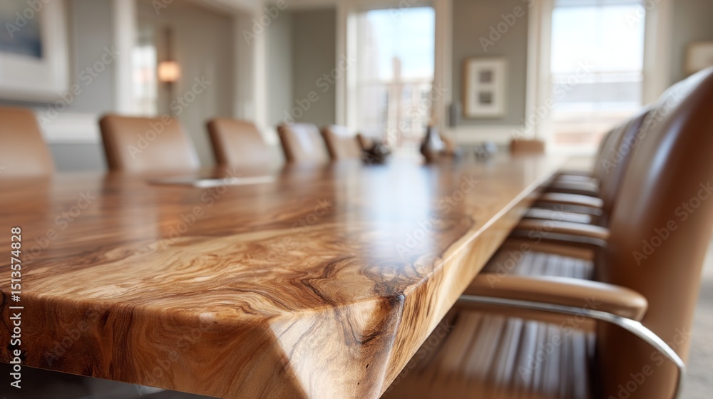 Poster This setting features a beautifully crafted conference table with intricate wood patterns and comfortable leather chairs