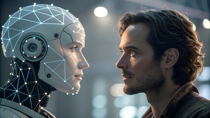 Humanity's Reflection: A thought-provoking encounter unfolds as a human and a humanoid robot engage in a face-to-face contemplation.