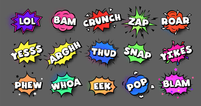 Comic sound effects LOL BAM CRUNCH ZAP in retro pop art style. Colorful expressions for memes, humor, games, kids design, dynamic punchlines. Vector illustration.