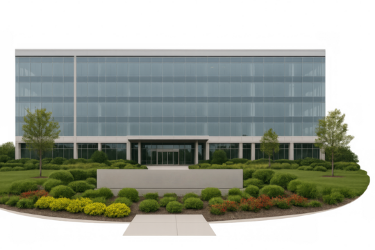 Modern office building with landscaping on transparent background