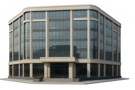 Modern office building with transparent background reflecting urban skyline