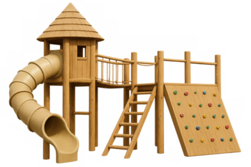 Wooden playground structure with slide, climbing wall, and rope bridge on transparent background