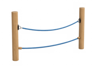 Two wooden poles supporting blue rope barrier on transparent background