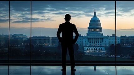Silhouette of a person overlooking a capitol building at sunset.