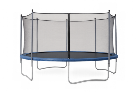 Empty trampoline with safety net on transparent background