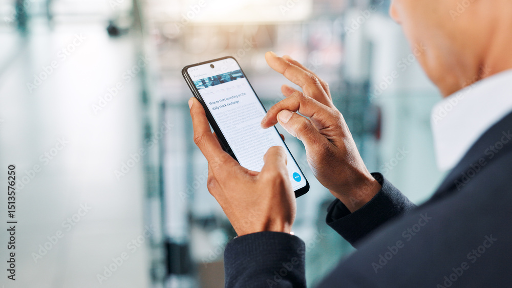 Poster office, hands and phone with screen to scroll, research information and reading on stock exchange. c