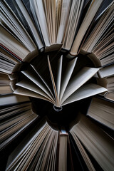 A mesmerizing vortex of open books draws the eye into a realm of knowledge, literature, and timeless tales. Book lovers will appreciate.