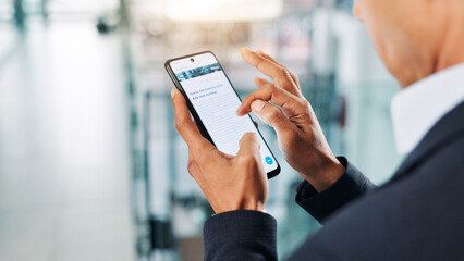 Fototapeta na wymiar Office, hands and phone with screen to scroll, research information and reading on stock exchange. Closeup, business person and mobile with website for investment tips, economy and trader with tech