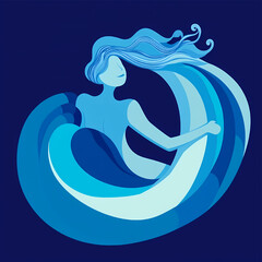 Serene Ocean Siren An Abstract Illustration of a Woman Embracing the Waves