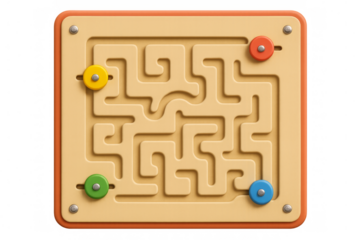 Colorful wooden labyrinth puzzle with knobs on transparent background
