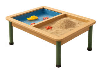 Wooden sand and water table with toys on transparent background