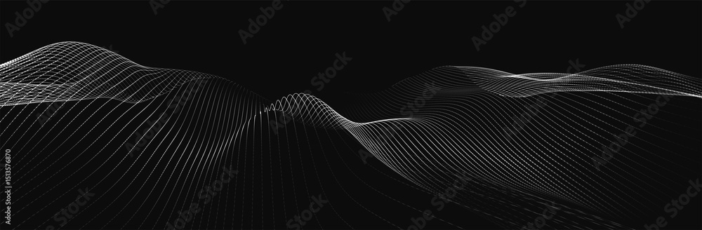 Poster futuristic dot wave. abstract digital particle wave. black and white music wave. dark background. di