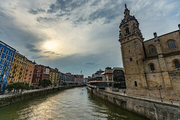 Evening view of Iglesia de San Antón, Catholic church in Bilbao Spain