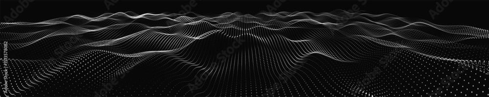 Poster futuristic dot wave. abstract digital particle wave. black and white music wave. dark background. di