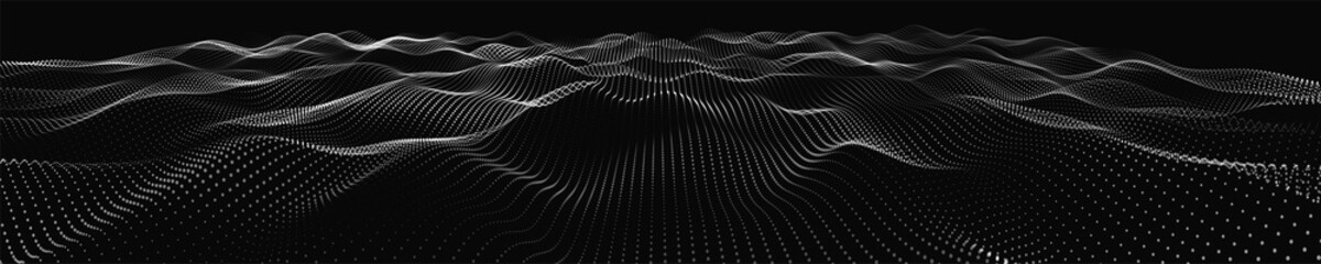 Futuristic dot wave. Abstract digital particle wave. Black and white music wave. Dark background. Digital background with smooth wavy curves. 3D rendering