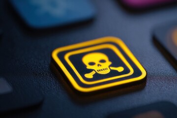 Tablet Screen Displays a Glowing Poison Prevention App Icon With a Skull and Crossbones in a Minimal Environment