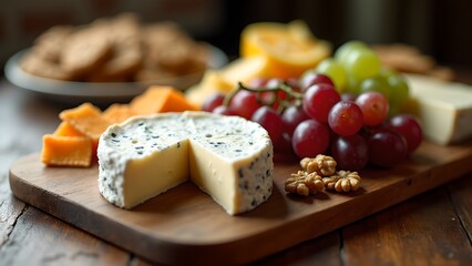 Cheese Board with Brie, Cheddar, Blue Cheese, Grapes, Walnuts, and Crackers – Gourmet Food Display on Rustic Wooden Board in Soft Natural Light