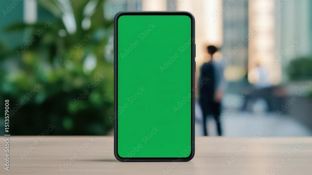 Poster smartphone with green screen display on table in modern indoor environment with blurred people in ba