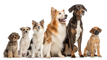 Group of different breeds of dogs sitting and standing isolated on white background, showcasing a variety of sizes, colors, and fur types in a studio shot