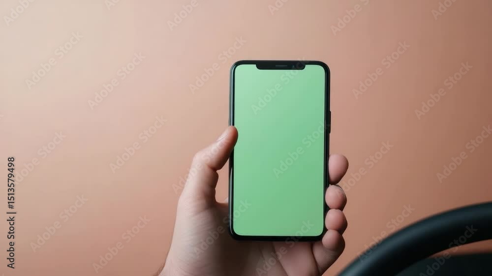 Poster hand holding smartphone with green screen for template use on table against soft background design