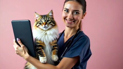  a veterinarian holds a cat while presenting essential pet care tips with tablet. The warm atmosphere emphasizes the bond between pets and their caregivers.