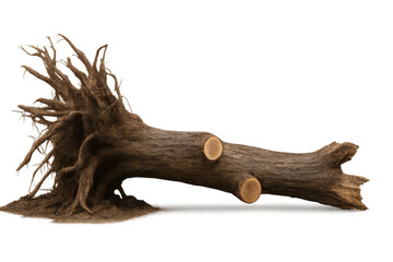 Fallen tree trunk with exposed roots on transparent background