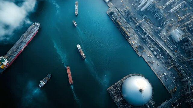 A wide aerial capture of a coastal LNG plant, showcasing a huge spherical LNG tank in the foreground, sprawling pipelines connecting to the nearby docks, with ships and tankers lin