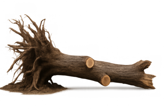 Fallen tree trunk with exposed roots on transparent background
