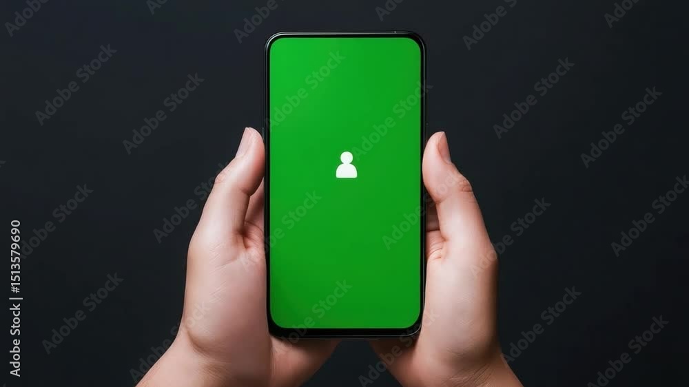 Poster hands holding smartphone with green screen display and silhouette icon for app design and business u