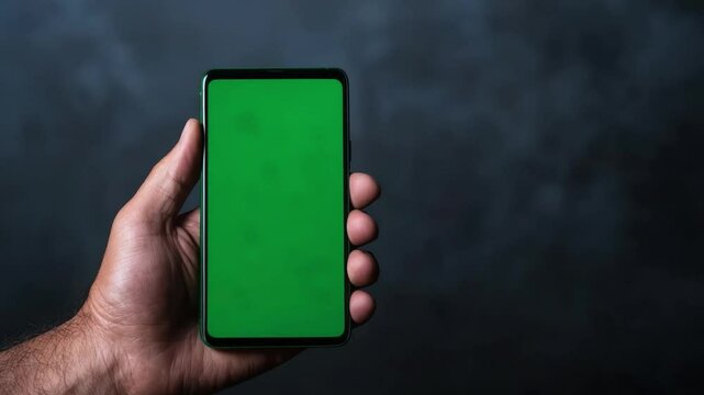 Hand Holding Smartphone with Green Screen Ready for App and Content Display in Dark Background