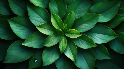 Top Down View of Tropical Green Leaves Arranged in Abstract Design