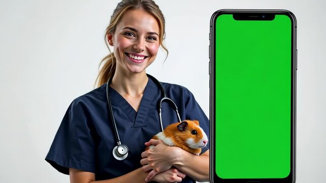 veterinary specialist carefully holds small red guinea pig with big green screen smartphone chromakey, offer care and treatment for all kinds of pets