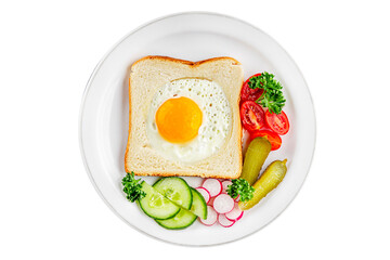 Fried gashouse eggs in bread egg in the basket delicious snack breakfast in a bowl fresh delicious gourmet food background on the table rustic food top view copy space
