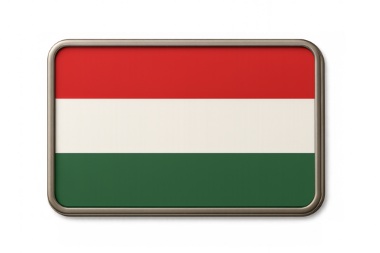 Hungarian flag waving on transparent background inside a metallic frame