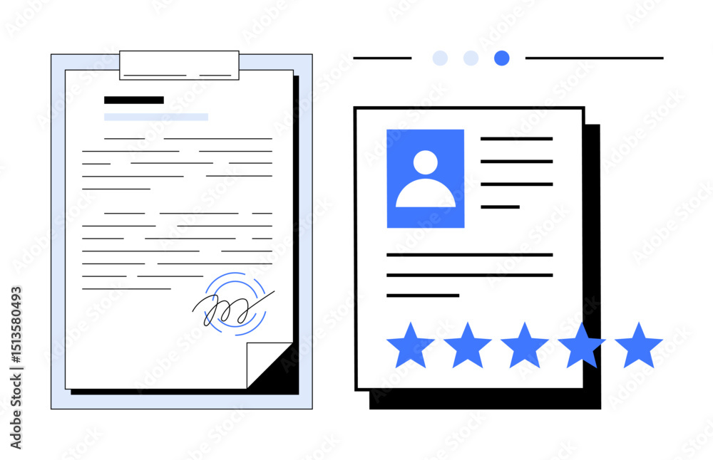 Poster signed document beside a profile overview featuring a photo and a five-star rating. ideal for applic