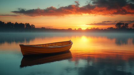 Naklejka premium yellow rowboat floating on calm mirror-like water